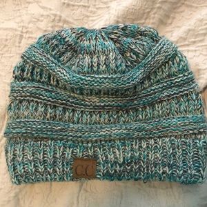 Blue and white beanie